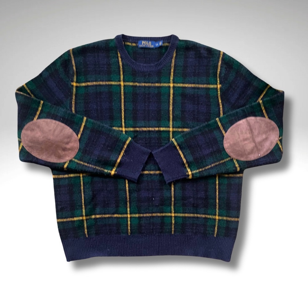 Polo Ralph Lauren Archival Blackwatch Wool Sweater w/ Suede Elbow Patches | L - Picture 4 of 10